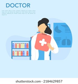 Concept of treatment with doctor. Female doctor practitioner holding information board, hospital medical office. Consultation and diagnosis.