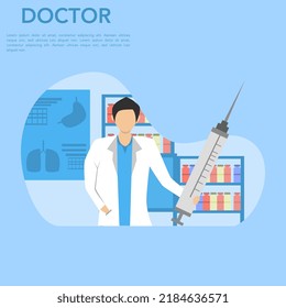 Concept of treatment with doctor. Male doctor practitioner holding syringe, hospital medical office. Consultation and diagnosis.