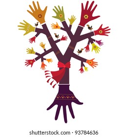 Concept. Tree, hands with gloves and accessories.