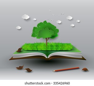 concept of tree on open book. paper art.