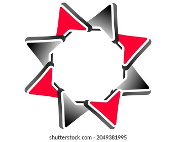 The concept of triangular black and red arrows rotating in a circle. Direction from the center. There is room for text in the center. 3D. Infographics. Paper style. For various business designs. 