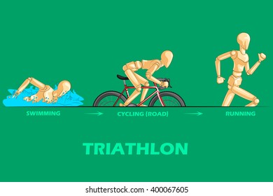 Concept of Triathlon sports with wooden human mannequin. Vector illustration