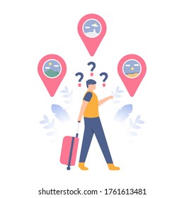 The concept of a trip, a recommendation for a vacation spot, location or GPS. illustration of a traveler confused determining the location of the holiday. flat design. can be used for elements