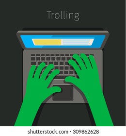 Concept of trolling in internet. Internet troll using a laptop. Flat design, vector illustration.