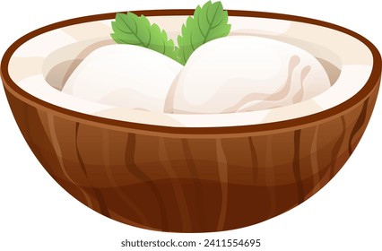 Icono del concepto de helado de coco tropical, ilustración vectorial de dibujos animados populares de asia natural, aislado en blanco. Cocina coco-asiática rota, sabrosos sundae con hojas verdes.