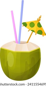 Concept tropical coconut water decorate umbrella, healthy natural drink, smoothie icon cartoon vector illustration, isolated on white. Asian popular coco beverage, world cuisine cocktail.