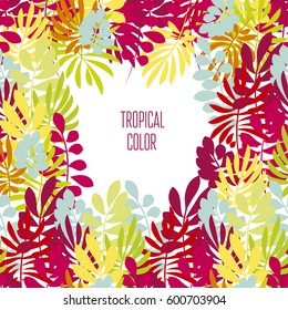 Concept tropical leaves vector illustration in bright vivid colors. Exotic simple fun surface design. Floral vector illustration. Rainbow color plant repeatable motif.