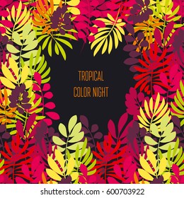 Concept tropical leaves vector illustration in bright vivid colors. Exotic simple fun surface design. Floral vector illustration. Rainbow color plant repeatable motif.