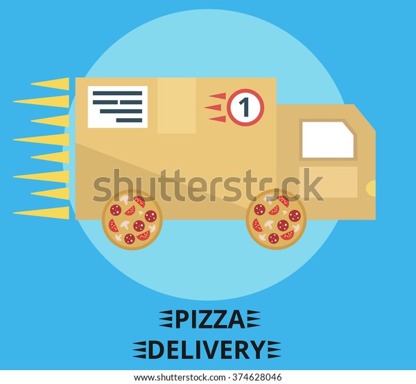 Concept of the truck with a pizza delivery\
service. Vector\
illustration.