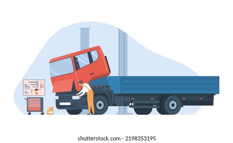 Concept for truck repair service. Mechanic with wrench, truck, tools and gears. Vector illustration.