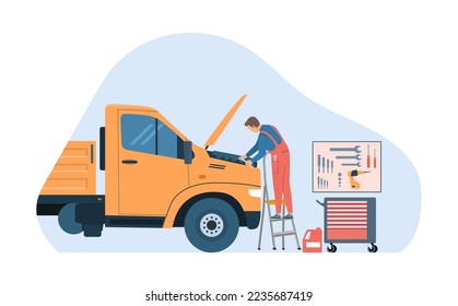 Concept for truck repair service. Mechanic with wrench, truck and tools. Vector illustration.