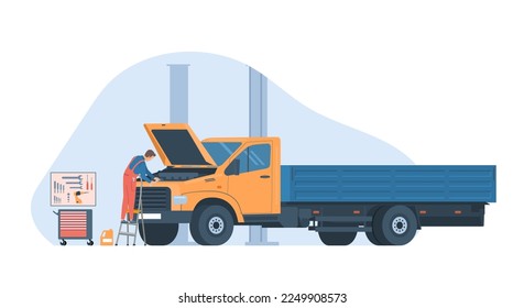 Concept for truck repair service. Mechanic with wrench, truck, tools and gears. Vector illustration.