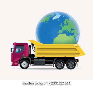 The concept of a truck transporting the earth in the back. Vector illustration