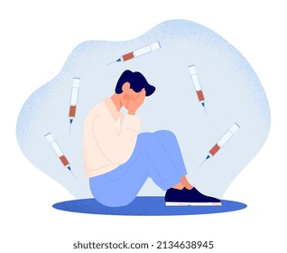 Concepto de tripanofobia. El chico joven se sienta cubriendo la cara con las manos, temiendo las inyecciones. Carácter contra la vacunación. Pánico y estrés, depresión y tristeza. Dibujo vectorial plano de dibujos animados