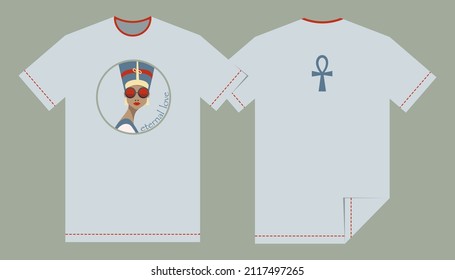 Concept of T-shirt with an Ironic portrait Head of Egyptian Pharaoh woman wearing modern sunglasses
