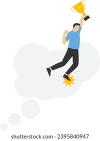 Concepto Convirtiendo los sueños en realidad, un hombre de negocios con trofeo de éxito saltando de la burbuja del pensamiento a la realidad. creativo para el éxito, la aspiración, la motivación para pensar a lo grande y lograr los objetivos de los negocios.

