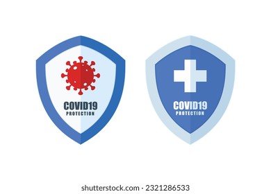 A concept of two banners with a virus cell and a shield both with caption 'COVID19 PROTECTION'