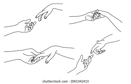 The concept of two hand that try to helping reaches or touch and praying. Small child's hand try to reaches for the big hand man. Handshake of friendship support isolated on white background