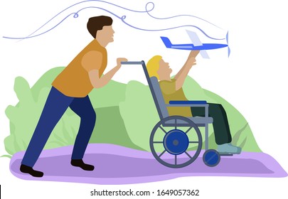 The concept of two people. A boy in a wheelchair holds a toy airplane in his hands, and his friend rolls a stroller.