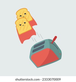 concept two slices superhero bread pop out of toaster vector flat design comic. creative tasty cute hot toast with face jump in the air. ready to eat illustration. preparation breakfast doodle cartoon