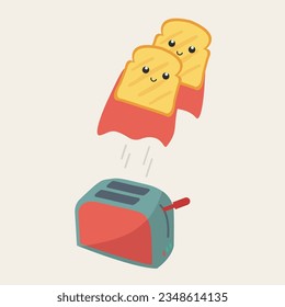 concept two slices superhero bread pop out of toaster vector flat design comic. creative tasty cute hot toast with face jump in the air. ready to eat illustration. preparation breakfast doodle cartoon