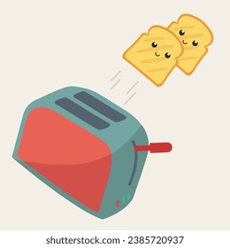 concept two slices superhero bread pop out of toaster vector flat design comic. creative tasty cute hot toast with face jump in the air. ready to eat illustration. preparation breakfast doodle cartoon