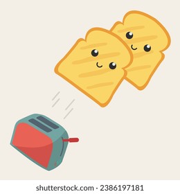 concept two slices superhero bread pop out of toaster vector flat design comic. creative tasty cute hot toast with face jump in the air. ready to eat illustration. preparation breakfast doodle cartoon