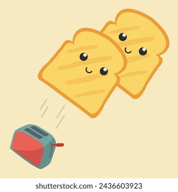 concept two slices superhero bread pop out of toaster vector flat design comic. creative tasty cute hot toast with face jump in the air. ready to eat illustration. preparation breakfast doodle cartoon