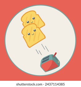 concept two slices superhero bread pop out of toaster vector flat design comic. creative tasty cute hot toast with face jump in the air. ready to eat illustration. preparation breakfast doodle cartoon
