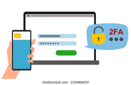 The concept of two-factor authentication security. Notification of login confirmation with a message to the phone. Smartphone in hand. Lock icons in the laptop account.