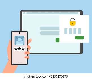 The concept of two-factor authentication security. Notification of login confirmation with a message to the phone. Smartphone in hand. Lock icons in the tablet account.