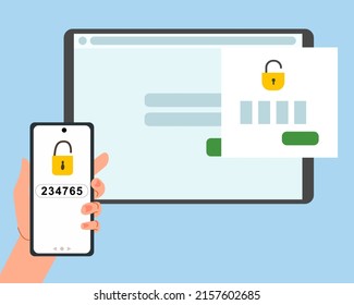 The concept of two-factor authentication security. Notification of login confirmation with a message to the phone. Smartphone in hand. Lock icons in the tablet account.
