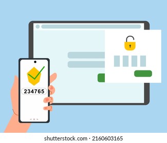 The concept of two-factor authentication security. Notification of login confirmation with a message to the phone. Smartphone in hand. Lock icons in the tablet account.