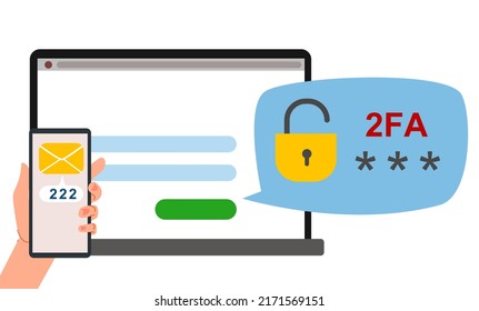 The concept of two-factor authentication security. Notification of login confirmation with a message to the phone. Smartphone in hand. Lock icons in the laptop account.