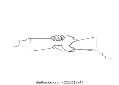The concept of two-handed humanity holding. World humanitarian day one-line drawing