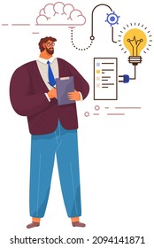 Concept of type of mental thinking with businessman with logical and mathematical mindset. Male character looks at sequence of symbols. Structural representation of human thinking, individual mind