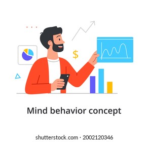 Concept of the type of mental thinking with a man with an analytical and mathematical mindset. Bearded male analyst looks at graphs and charts. Minimal style flat cartoon colored vector illustration
