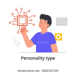 Concept of type of mental thinking with man with technical mindset. Male microelectronics engineer or technician specialist examines a microcircuit or printed circuit board. Flat vector illustration