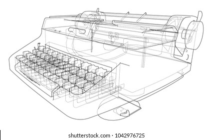 Concept of typewriter. Vector rendering of 3d. Wire-frame style. The layers of visible and invisible lines are separated