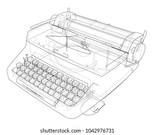 Concept of typewriter. Vector rendering of 3d. Wire-frame style. The layers of visible and invisible lines are separated