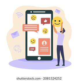 Concept of UI or UX design. Young man stands next to large smartphone and holds emojis. User interface for mobile communication app. Correspondence in chat. Cartoon modern flat vector illustration