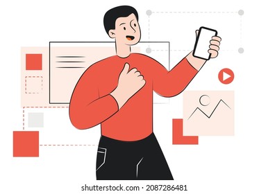 Concepto de ui ux design. Joven sosteniendo un smartphone en sus manos y presentando un nuevo sitio web o probando una aplicación móvil. Programador o desarrollador de caracteres masculinos. Dibujo vectorial plano de dibujos animados