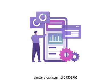 A Concept UI And UX Designer. Full Stack Developer, Software Programmer. Illustration Of A Male Programmer Who Is Creating Or Designing A Smartphone Application. Flat Style. Vector Design