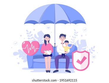 The Concept Umbrella Shield of Family Insurance About Care, Safety, Security and Protection. Vector Illustration