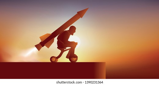 Concept of unalterable will with a motivated man who launches towards a cliff astride a tricycle, hoping to fly with a rocket.