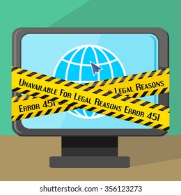 Concept of unavailable for legal reason error message with warning line on monitor