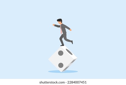 concept of uncertainty. investment risk. business challenge. businessman standing on unstable dice