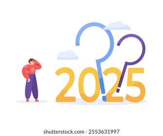 concept of uncertainty and questions. confusion with the future. confused about goals in 2025. illustration of a man confused with the number 2025 and a question mark. flat style design. elements