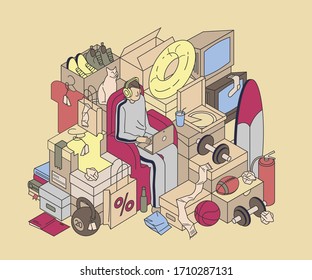 The concept of unconscious excessive consumption. Hoarding. Person lives among a lot of unreasonable purchases, boxes, bags, trash, clothing.Man littered the apartment. People have fun shopping online