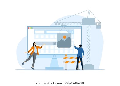 concepto en construcción, sitio web, sitio web de construcción de personas, desarrollo de sitios web, sitio web de mejora de desarrolladores se puede usar para, página de inicio, plantilla, ui, web, aplicación móvil. ilustración vectorial plana.